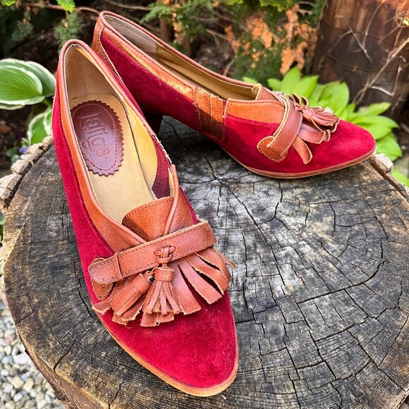 Anthropologie Latigo Viv Red Velvet Brown Leather Loafer Pump Heels US Sz 7.5 - Picture 1 of 4